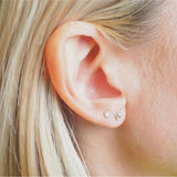 Close-up of a girl wearing two flat back earrings with blonde hair.