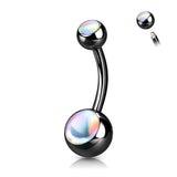 Stainless Steel Double Iridescent Stone Belly Bar