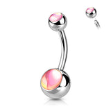 Stainless Steel Double Iridescent Stone Belly Bar