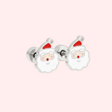 Silver Father Christmas Flat Back Style Earrings with a red hat on a light pink background.