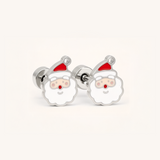 Silver Father Christmas Flat Back Style Earrings with a red hat on a light background.