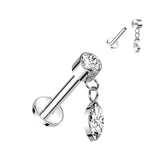 Titanium Internally Threaded Gem Labret with Marquise Crystal Dangle