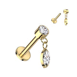 Titanium Internally Threaded Gem Labret with Marquise Crystal Dangle
