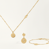 Gold necklace, earrings, and bracelet set on a white background