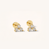 Gold earrings with clear gemstones on a white background.