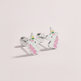 Kids unicorn hypoallergenic flat back earrings in silver on white background
