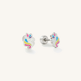 A pair of rainbow unicorn colourful flat back earrings for kids.