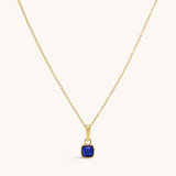 Gold Classic Cushion Stone Necklace with a sapphire gemstone pendant.