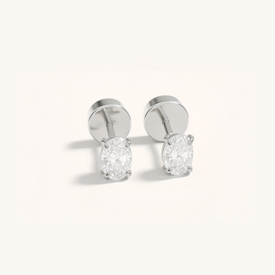 COOTIE　One Stroke Earring 　Small　SILVER Oval Cubic Zirconia | Hypoallergenic Flat Back Earrings – Solace