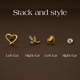 Four gold earrings on a brown background with text 'Stack and style'.