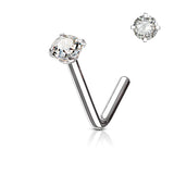 Prong Set CZ L Bend Hypoallergenic Nose Stud