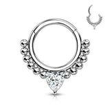 Single Hinged Segment Hypoallergenic Hoop With Front Facing Heart Prong Set CZ And Beads