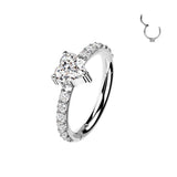Single Hinged Heart CZ Segment Titanium Hoop With CZ Paved Sides