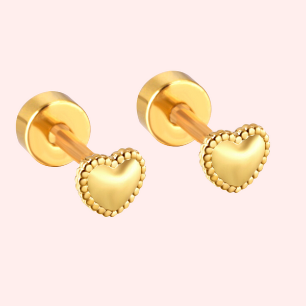 Bead Trim Heart Hypoallergenic Flat Back Stud Earring