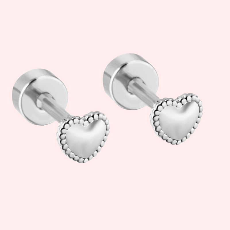 Bead Trim Heart Hypoallergenic Flat Back Stud Earring