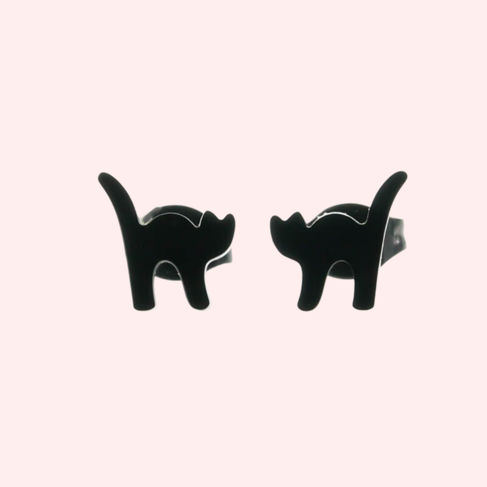 Black Cat & Moon Faux Leather Dangle Earrings – Lightweight, Handmade, Hypoallergenic For Women & Girls