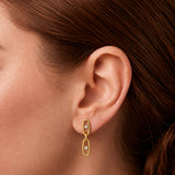 Close-up of model wearing Gold Crystal Link Drop Earrings with two oval links and clear cubic zirconia stones