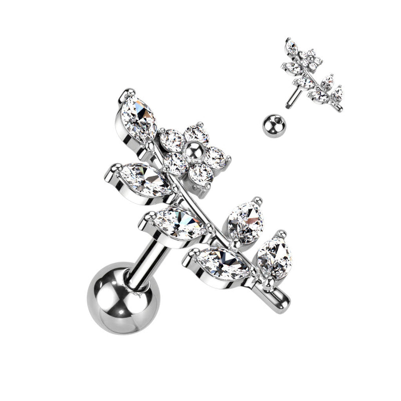 Stainless Steel CZ Flower & Vine Barbell