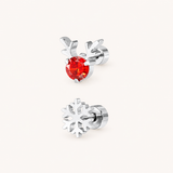 A silver Christmas set with a pair of Rudolph sparkle and snowflake flat back earrings on a white background.