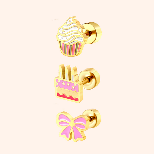 Gold kids flat back earrings with cupcake, cake, and bow designs on a white background