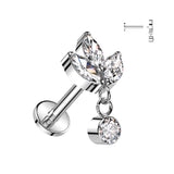Titanium Internally Threaded Labret with Triple Marquise and Round Dangling Crystal