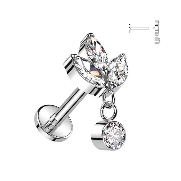 Titanium Internally Threaded Labret with Triple Marquise and Round Dangling Crystal