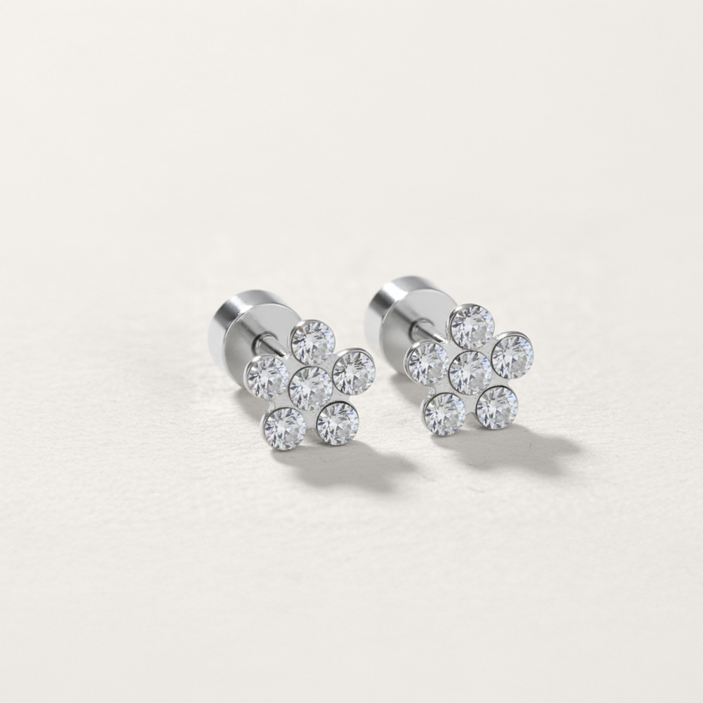 Cubic Zirconia Flower Hypoallergenic Flat Back Stud Earring