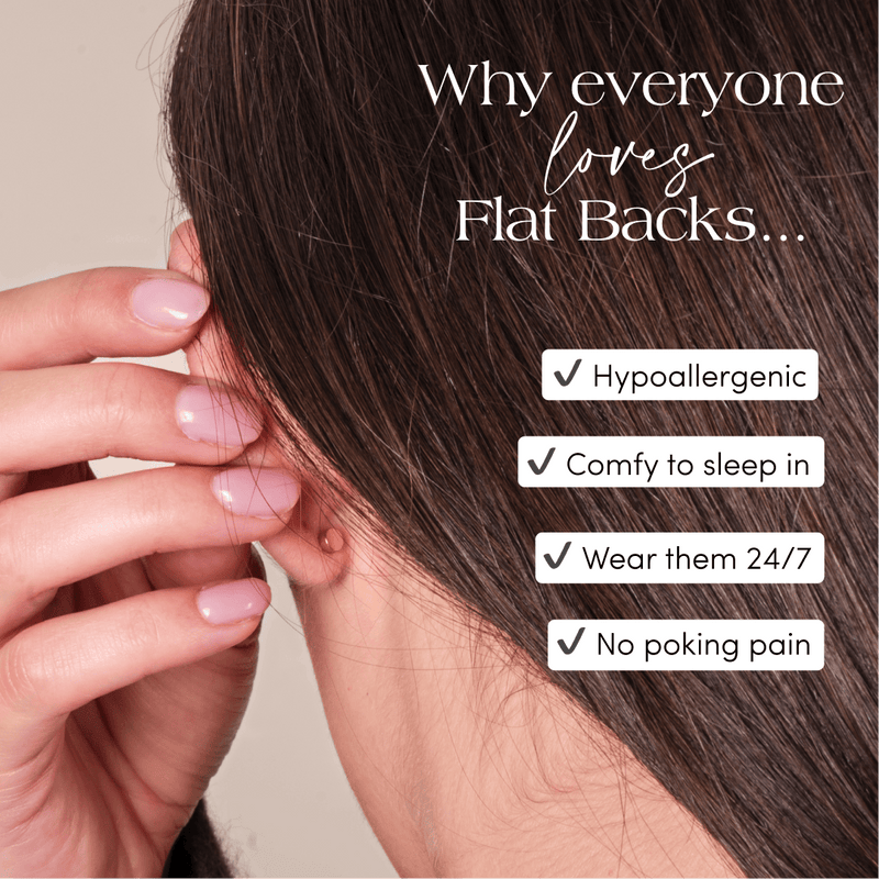 A girl showing flat back earrings with text highlighting key benefits.