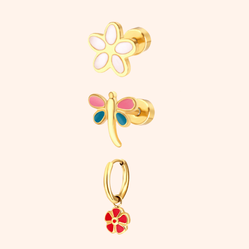 Set of three gold garden party themed earrings on a light pink background