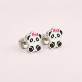 Panda bow hypoallergenic flat back earrings in silver on white background
