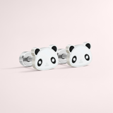 Panda hypoallergenic flat back earrings in silver on white background.