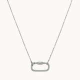 Silver necklace with a carabiner pendant on a white background.