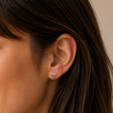 Silver crystal umbrella flat back earrings worn in the ear, with clear cubic zirconia stones in a delicate umbrella design.
