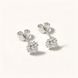 Silver flower-shaped earrings on a white background