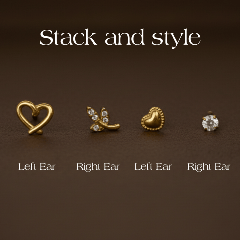 Four gold earrings on a brown background with text 'Stack and style'.