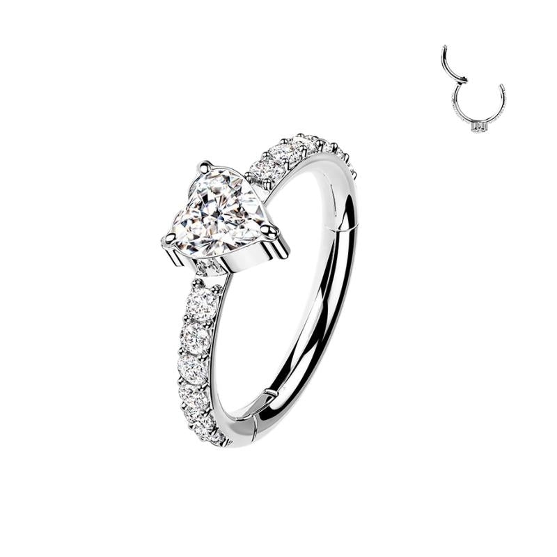 Single Hinged Heart CZ Segment Titanium Hoop With CZ Paved Sides